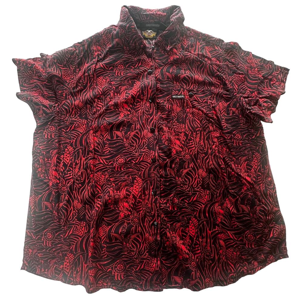 Harley Davidson Red/Black Printed Short Sleeve Button Down Hawaiian Shirt- 2W